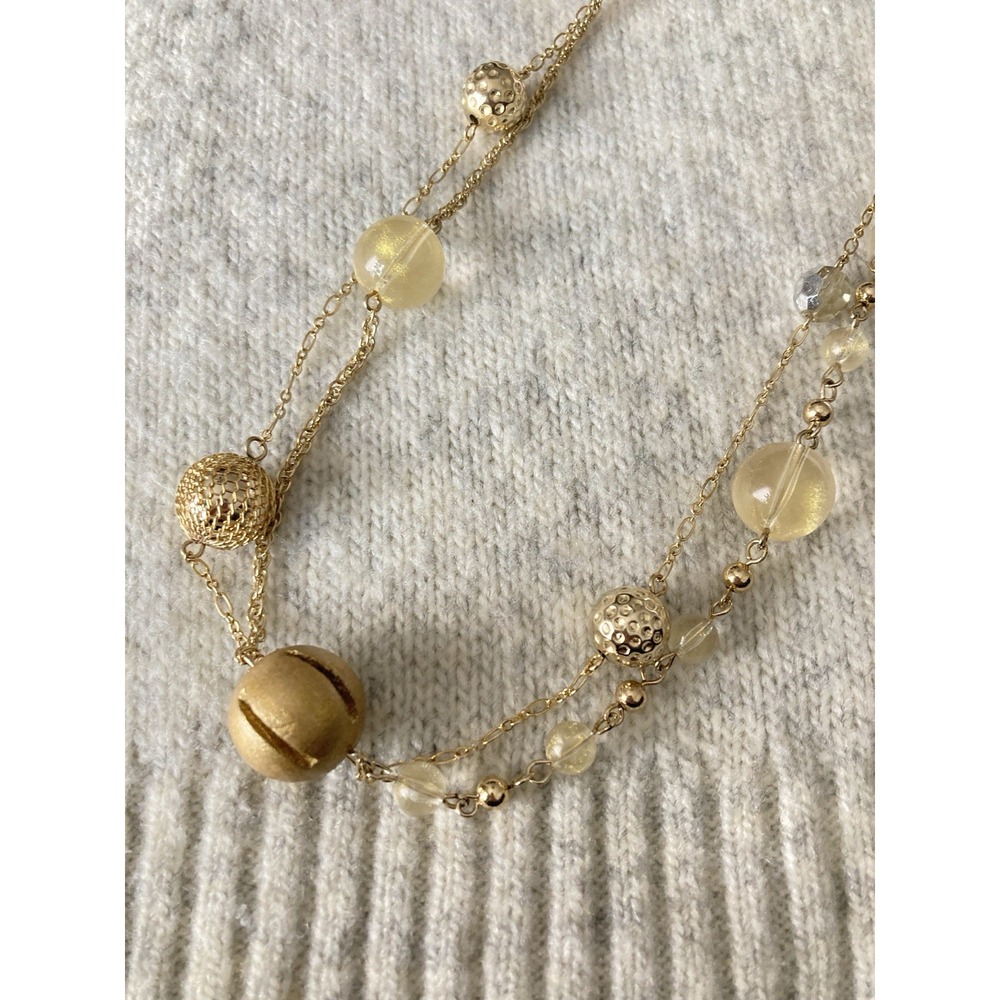 Gold Tone Multi Strand Necklace Cream Beads Long Layered Runway Glam Couture